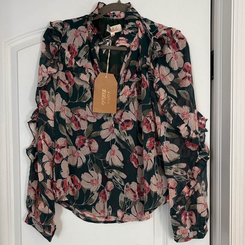 NWT Floral Ruffle Blouse - Green & Pink - Size Small